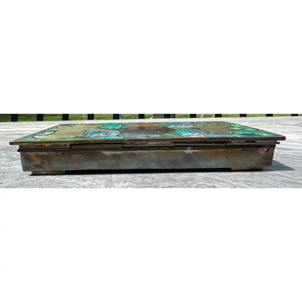 VINTAGE: MCM Mayan Mexican Mosaic Inlay Brass Copper Wood Trinket Cigarette Box